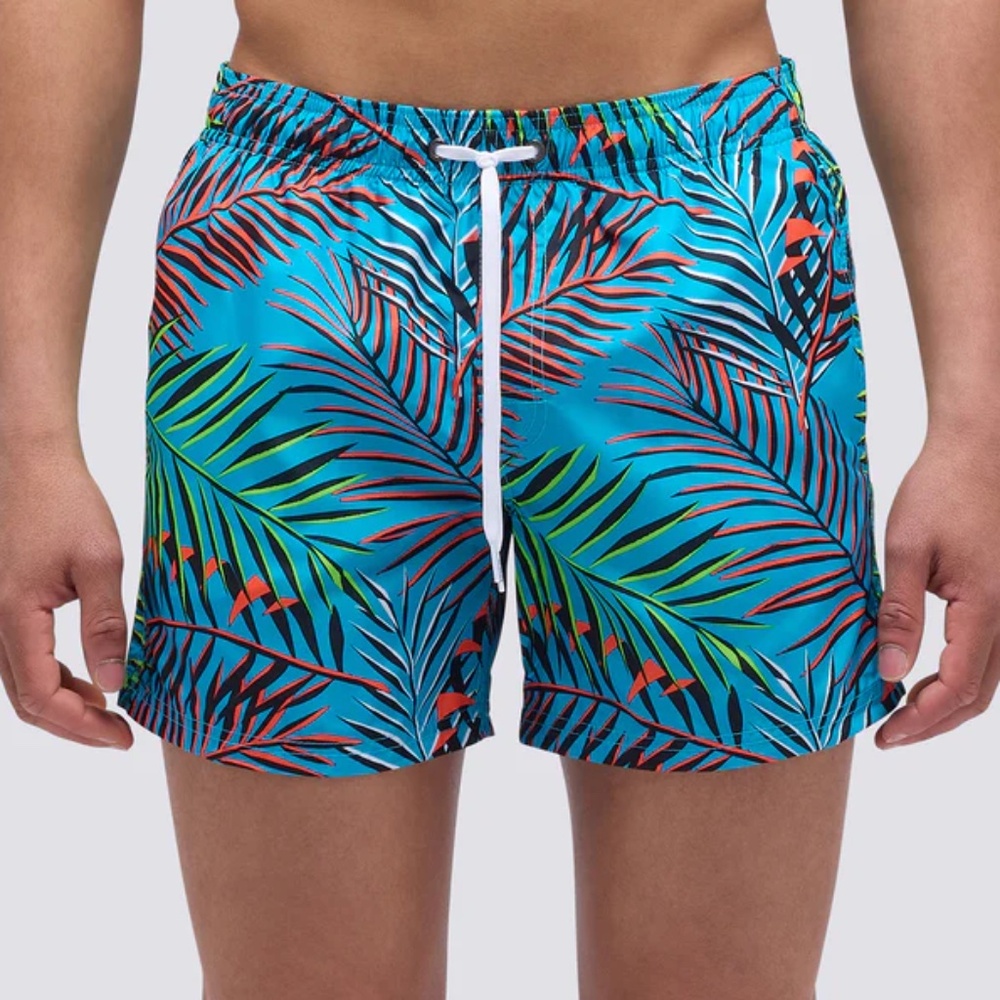 Sundek SHORT SWIMSUIT WITH ELASTIC WAIST AND NEON LEAVES PRINT